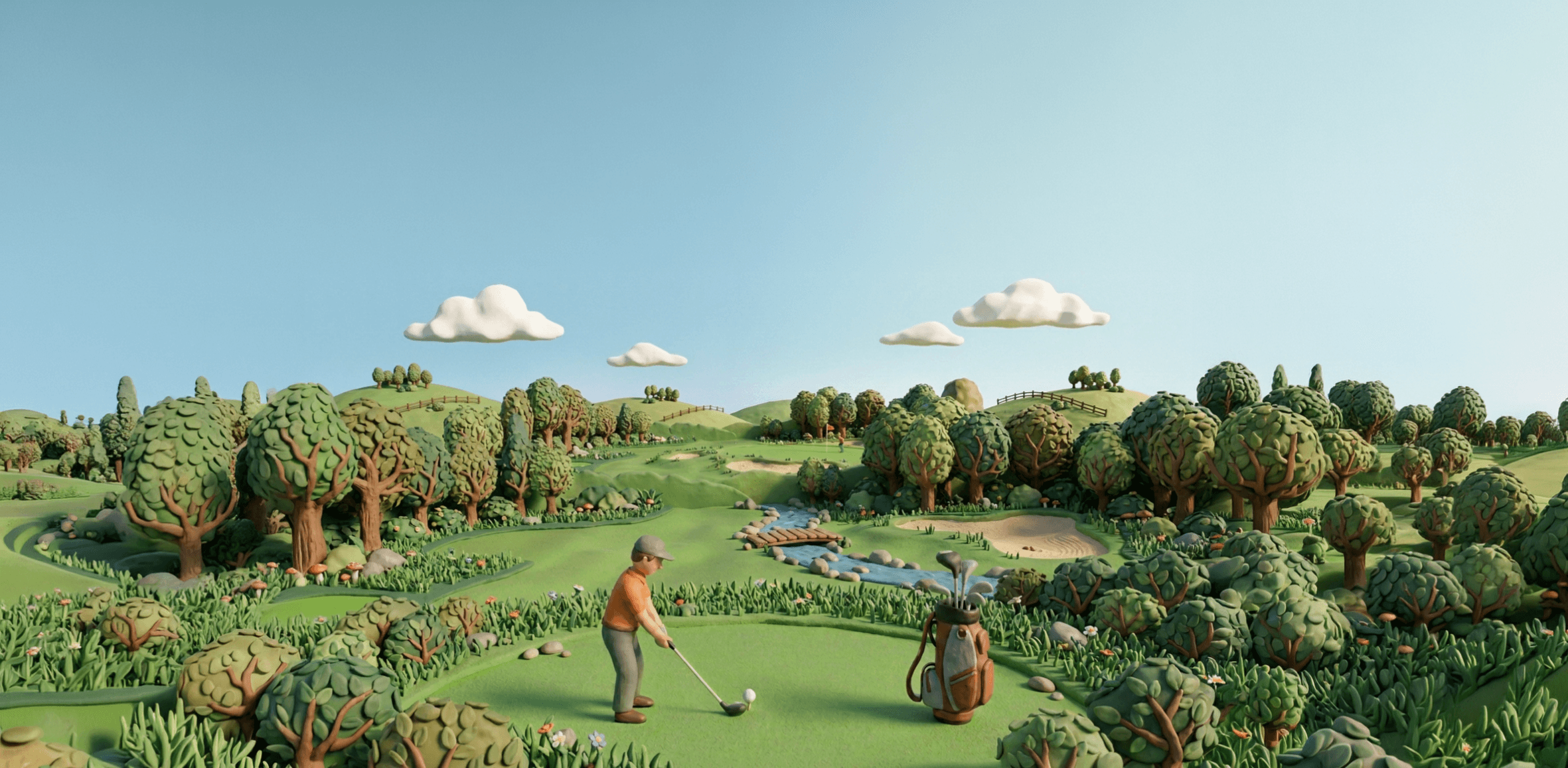 Illustration of a golfer teeing off on a lush, whimsical course