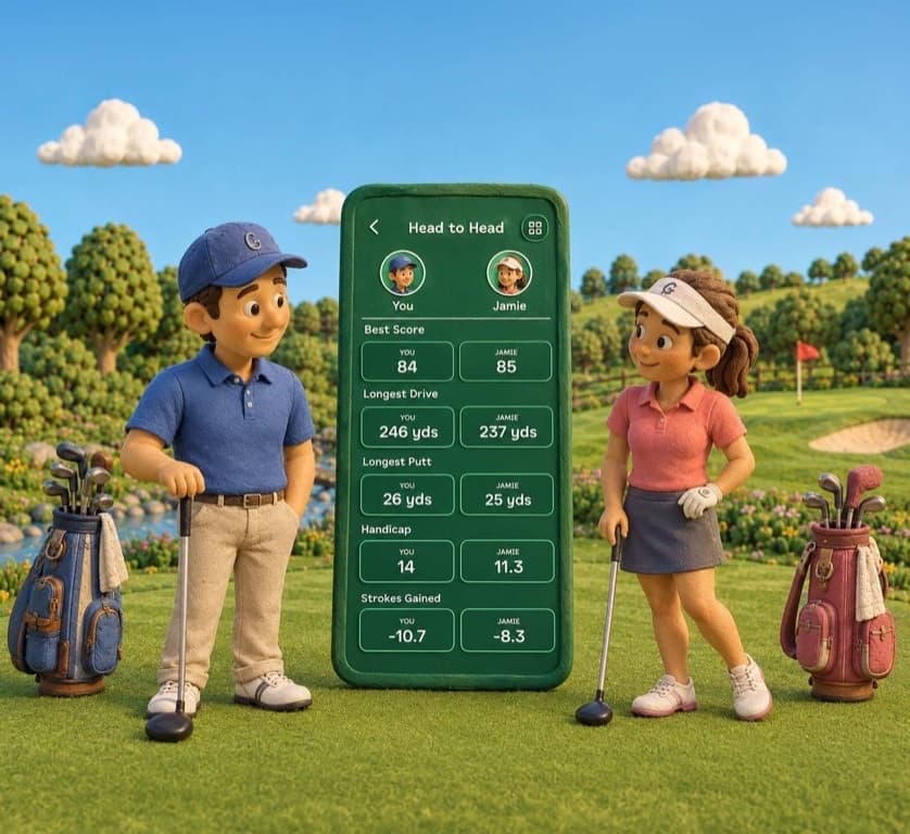 Two golfers beside a phone showing a Head to Head comparison of Best Score, Longest Drive, Longest Putt, Handicap and Strokes Gained