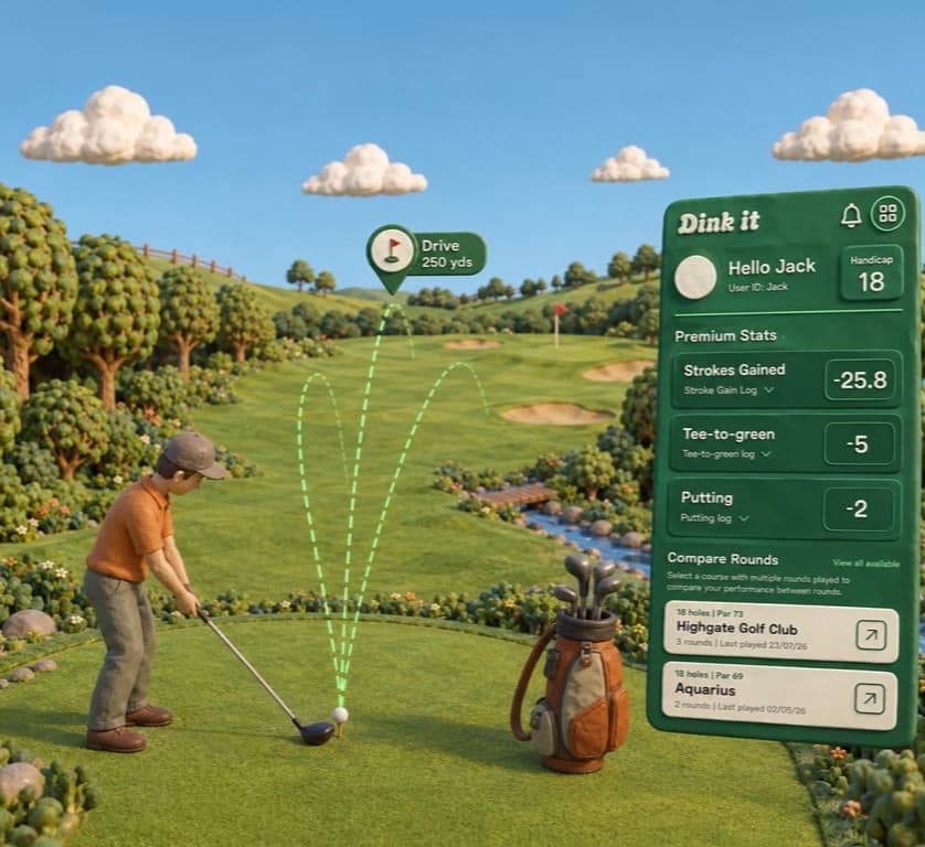 A golfer teeing off with a 250-yard drive arc, next to the Dink'It dashboard showing Premium Stats: Strokes Gained, Tee-to-green, and Putting, plus Compare Rounds for Highgate Golf Club and Aquarius