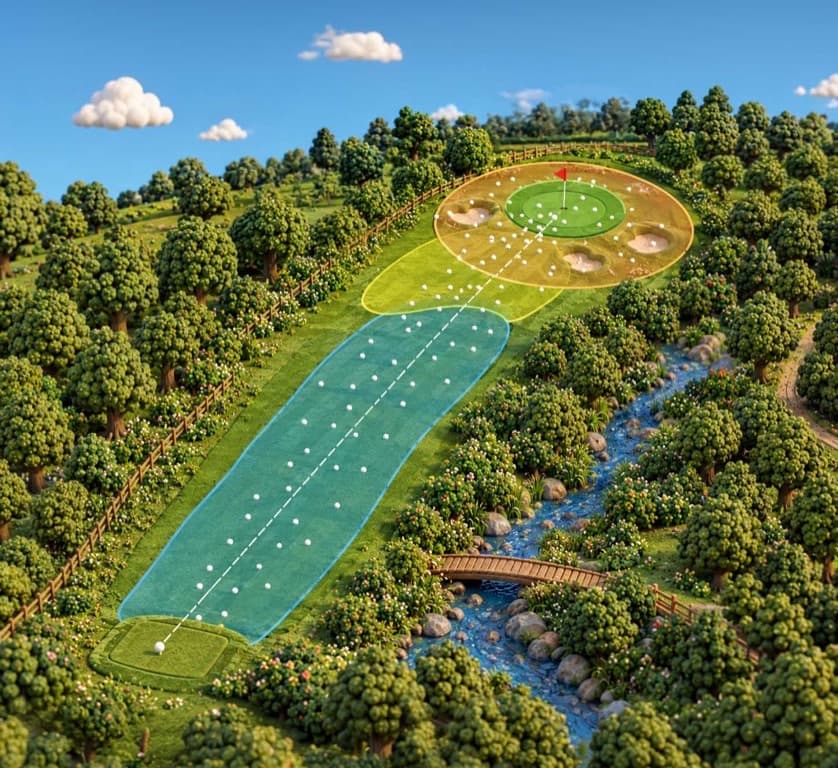 An aerial view of a golf hole with Driving, Approach, and Short Game zones mapped and individual shot landing points plotted inside each