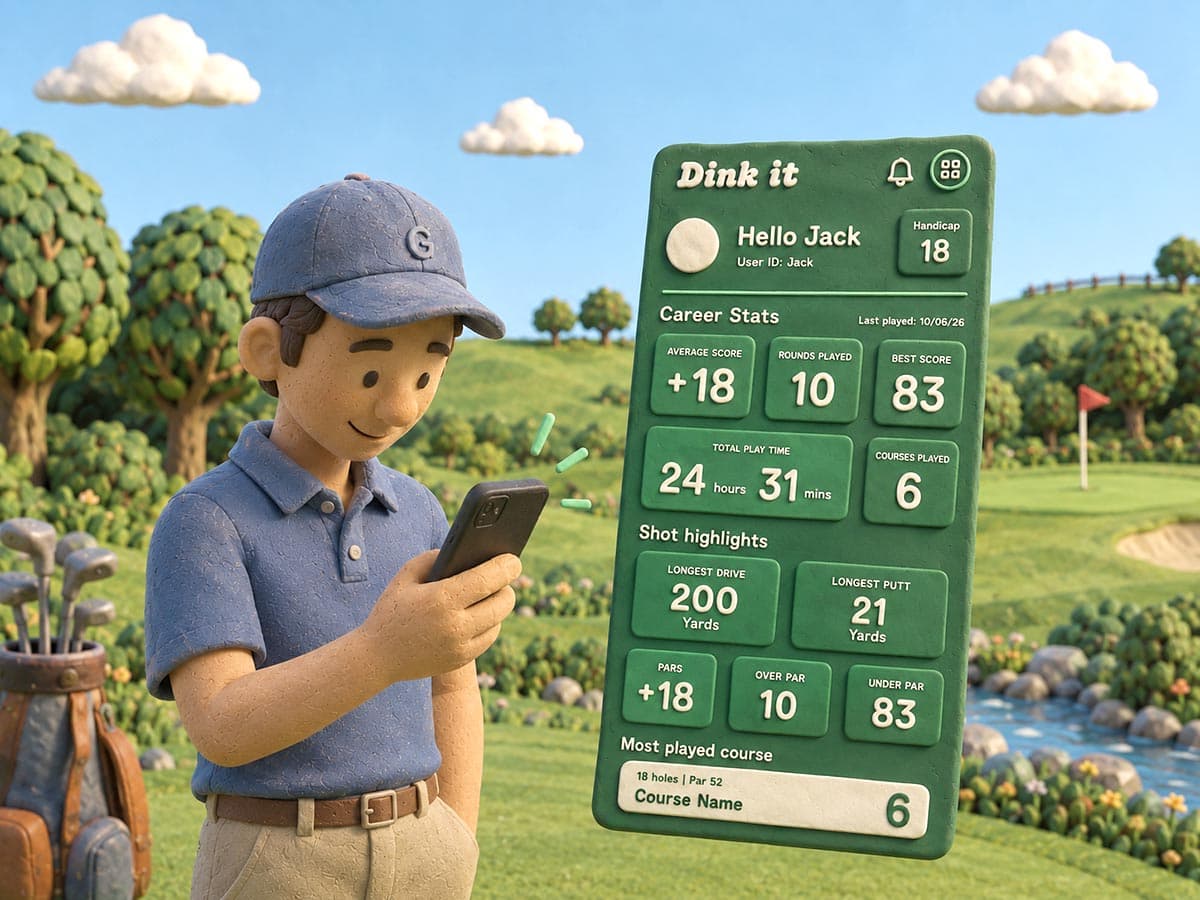A golfer checking the Dink'It app on his phone, showing Career Stats, Shot Highlights, and Most Played Course