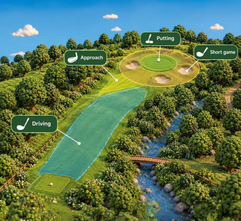 A golf hole mapped into Driving, Approach, Putting and Short game zones, the four Strokes Gained categories