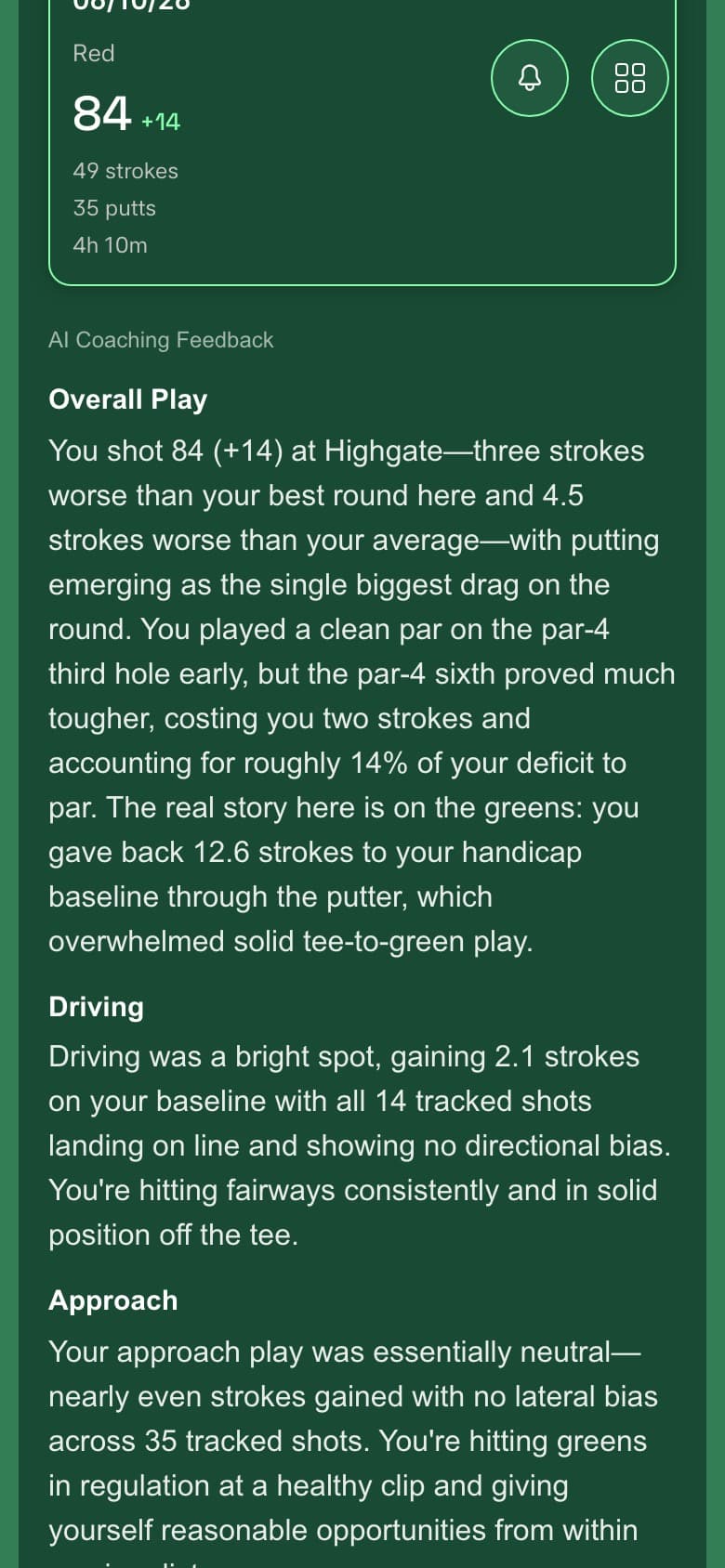 Dink'It AI coaching feedback broken down into Driving and Approach sections