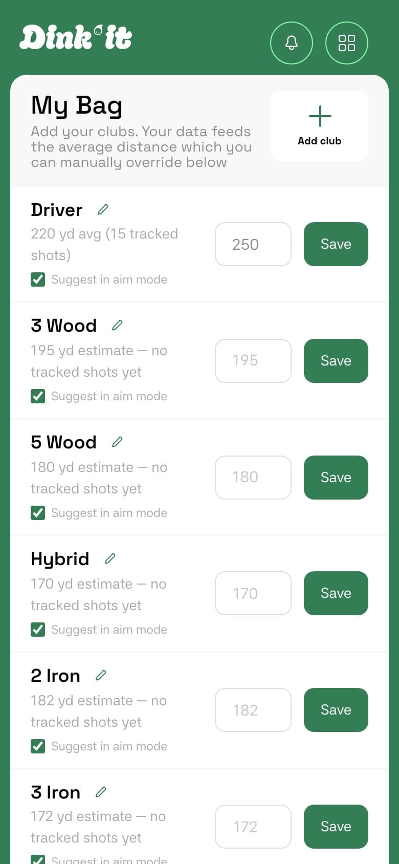 Dink'It My Bag screen showing Driver 220 yards average from 15 tracked shots, with estimated distances for 3 Wood, 5 Wood, Hybrid, 2 Iron, and 3 Iron
