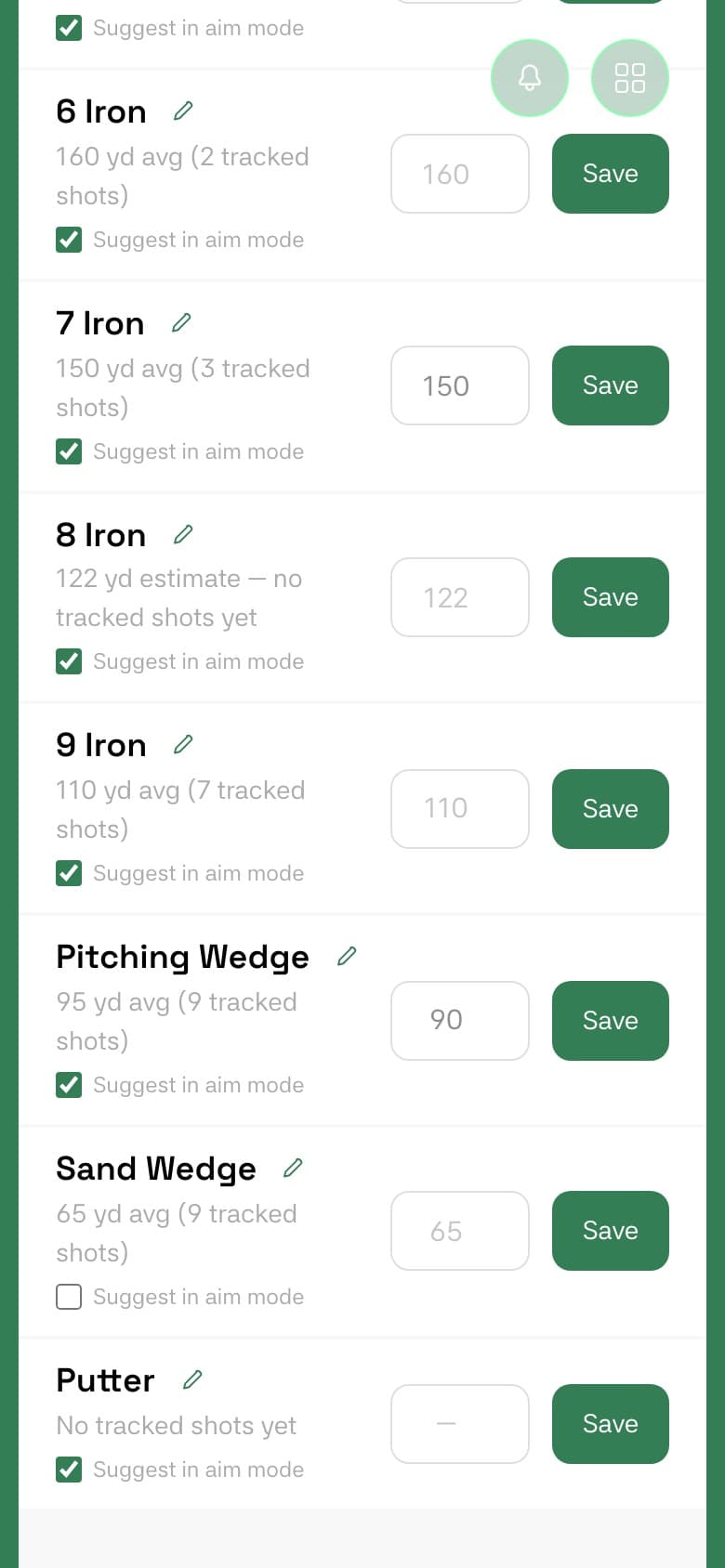 Dink'It My Bag screen showing tracked averages for 6 Iron through Sand Wedge, with Sand Wedge excluded from aim mode suggestions