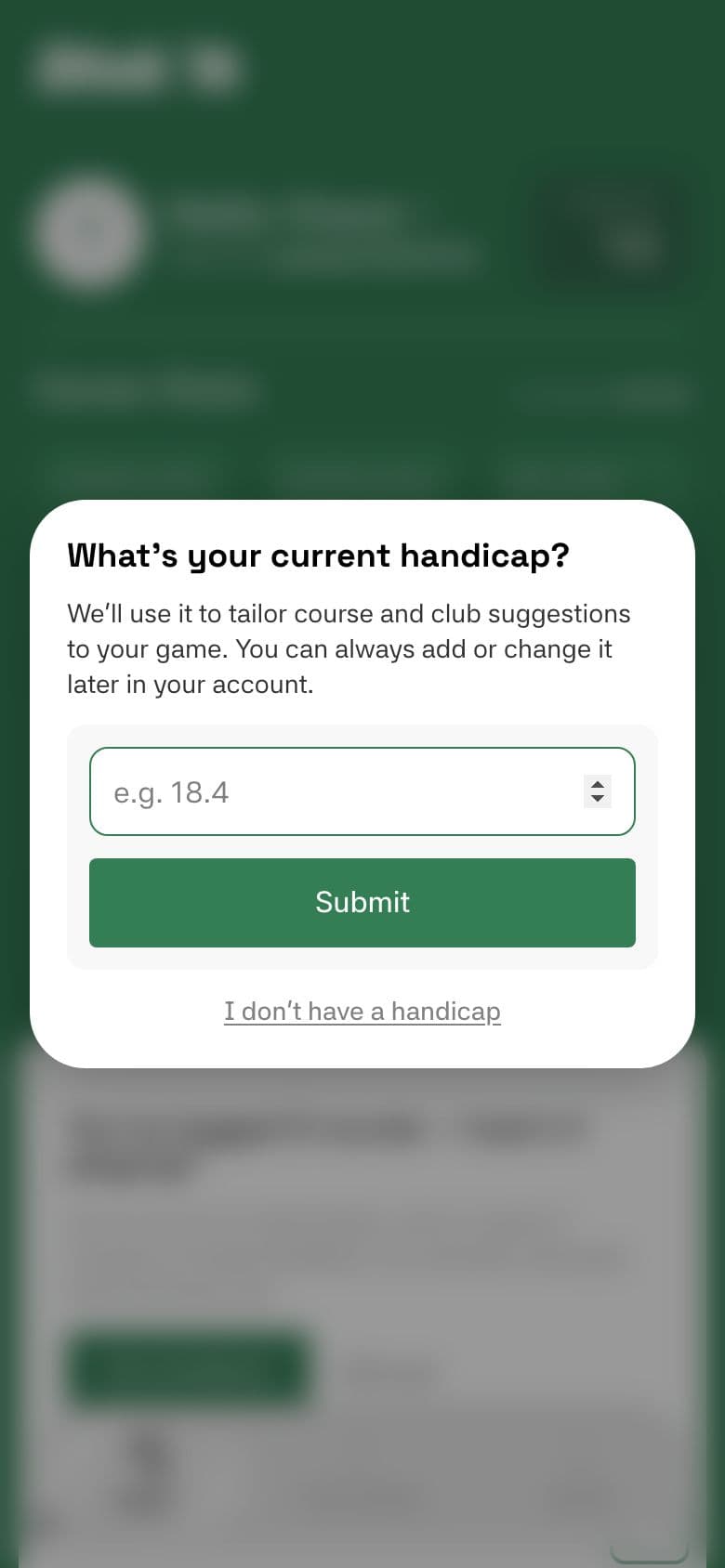 Dink'It first-run prompt asking a new user for their current handicap, with a skip option