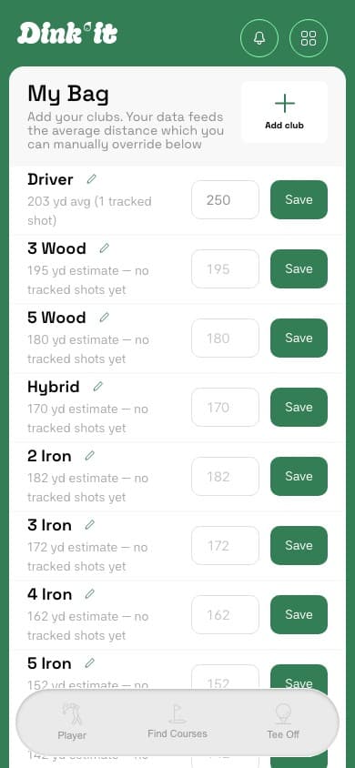 Dink'It My Bag screen showing average distance per club, including a tracked Driver distance of 203 yards