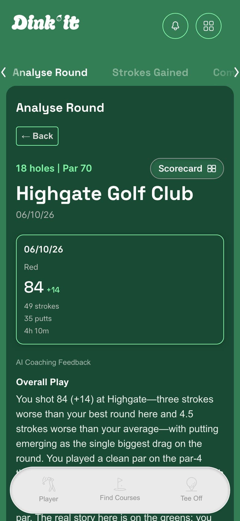 Dink'It Analyse Round screen showing AI coaching feedback on overall play for a round at Highgate Golf Club