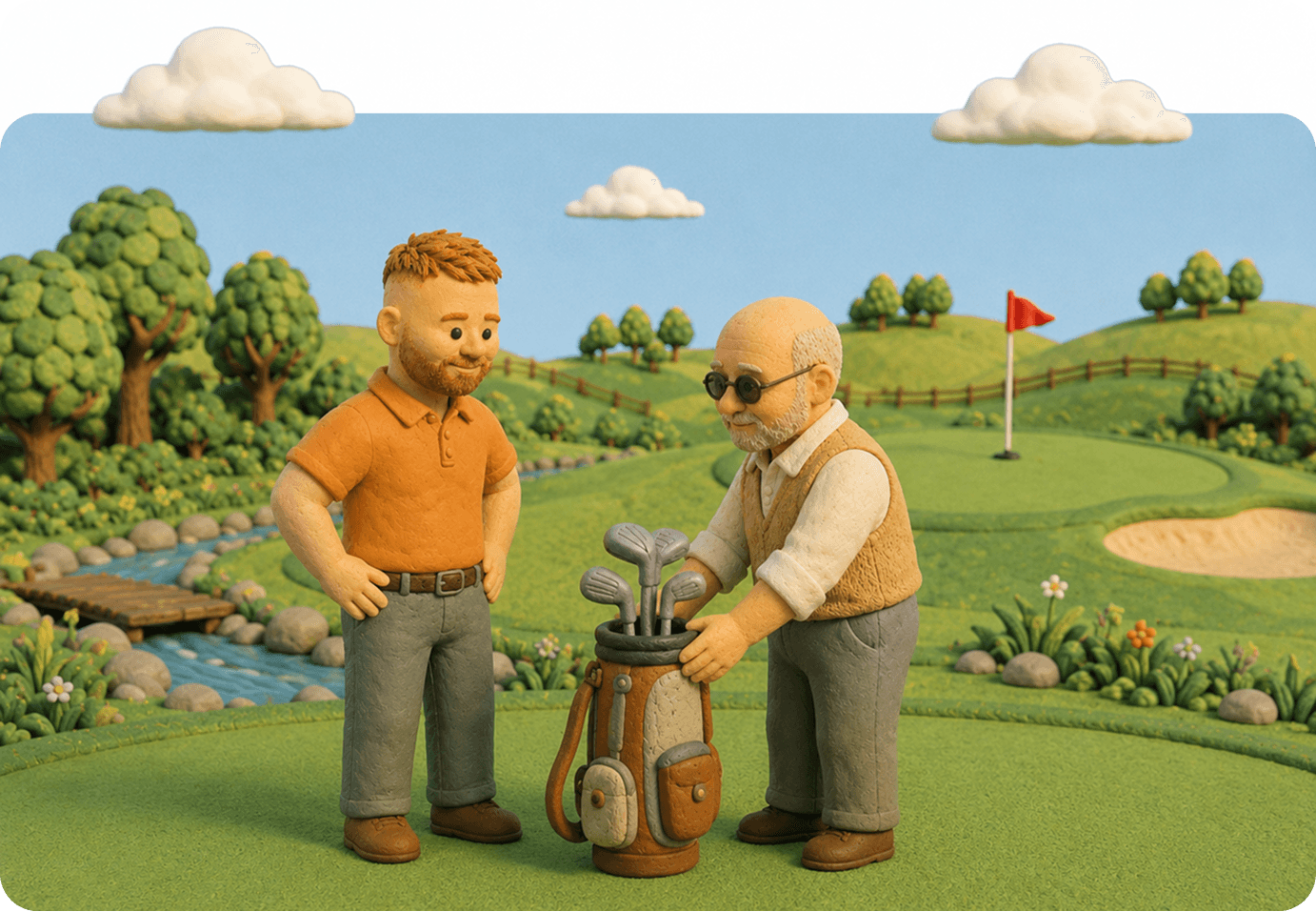 Two golfers with a golf bag on a course